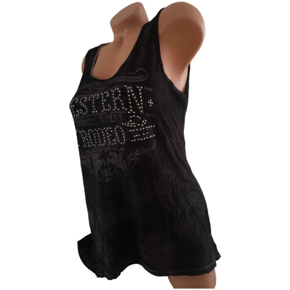 Studded Western Rodeo Hi-Low Sleeveless Top Shirt Black L